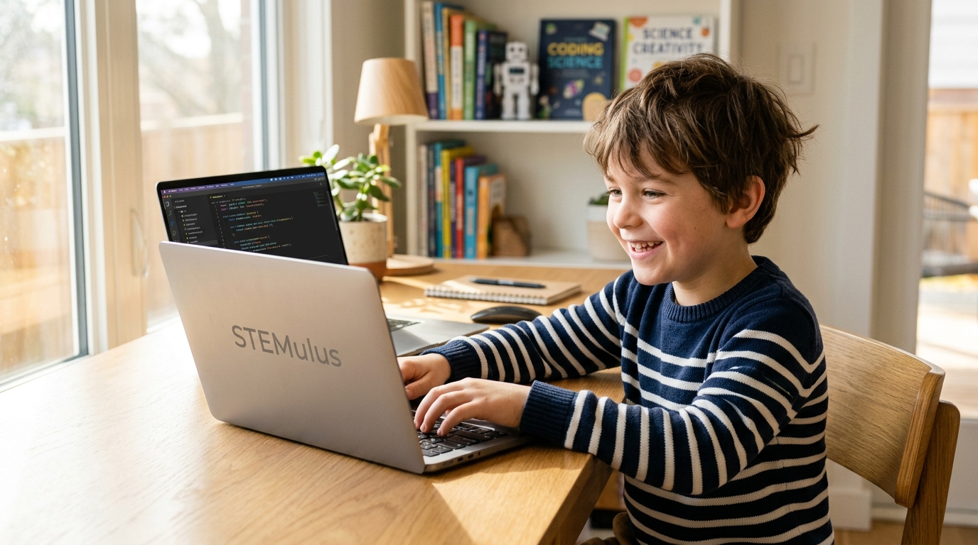 Ages 5-8 student coding on laptop with STEMulus