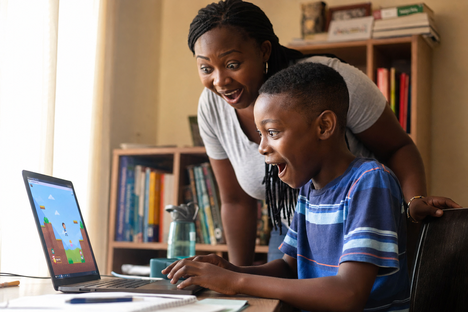 Excited parent watching their child code a Scratch game