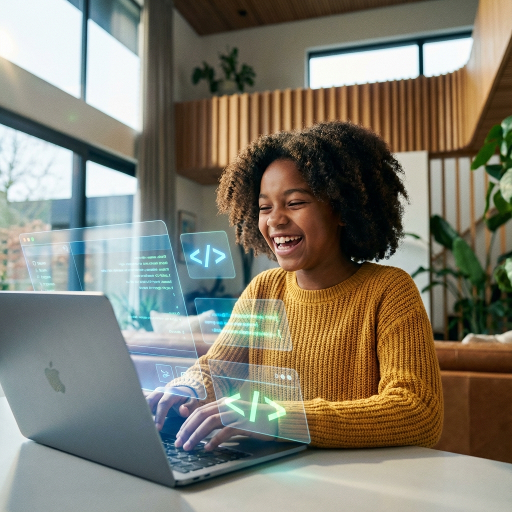 Excited Young Girl Coding at Home