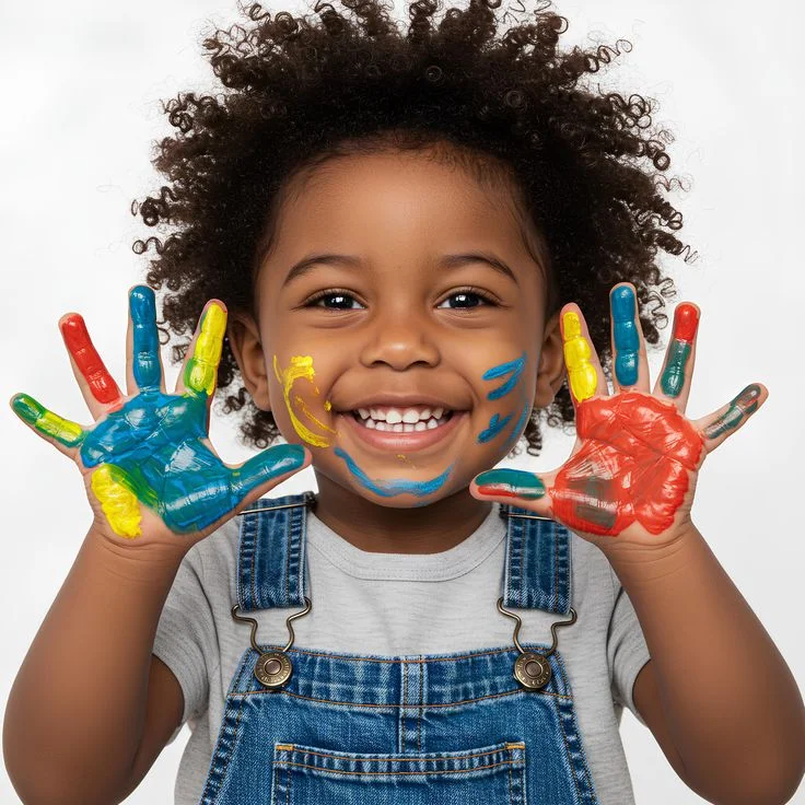 Child with paint-messy palms expressing tactile art