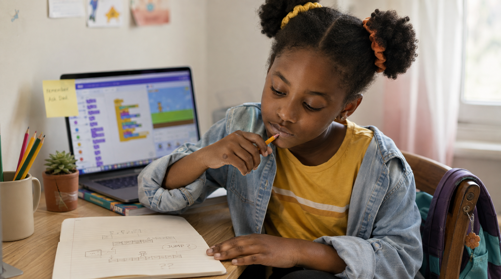 Student planning a Scratch game on notebook paper before coding